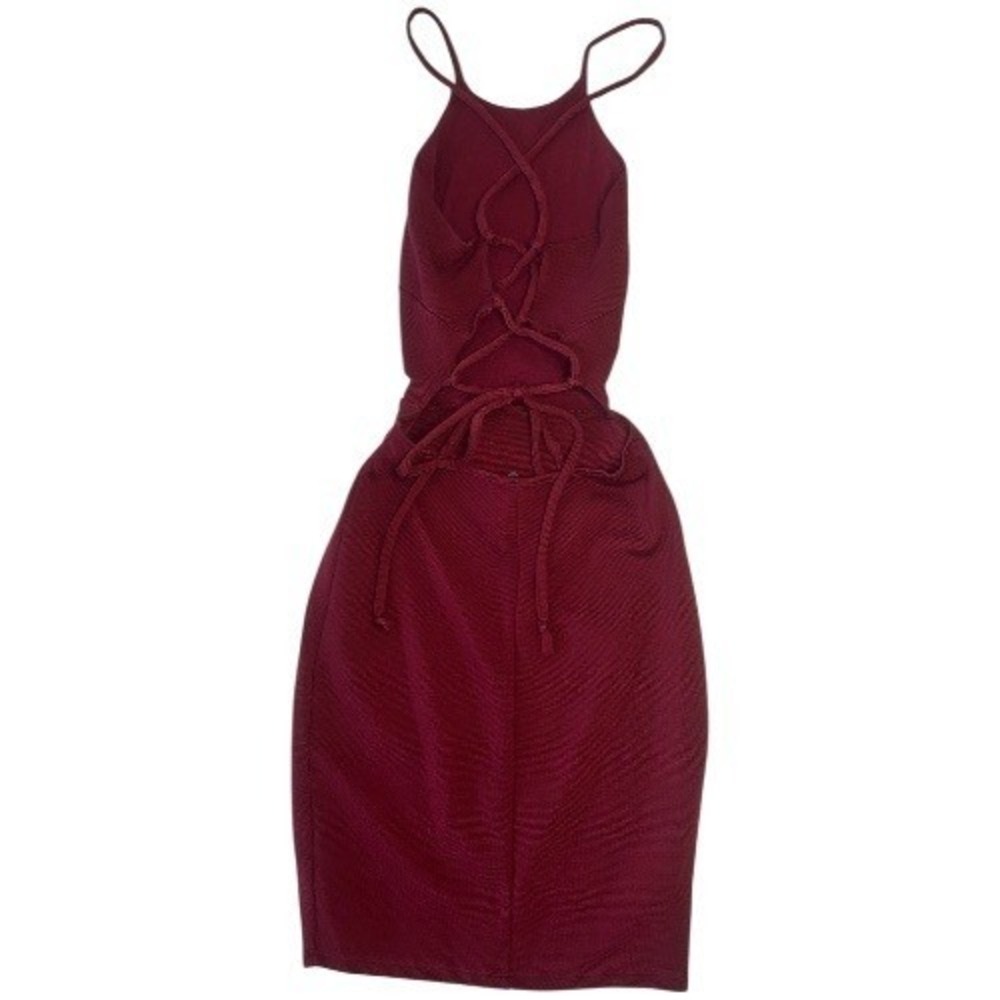 Solemio Burgundy Bandage Dress Lace Up Back Halter Bodycon Mini S